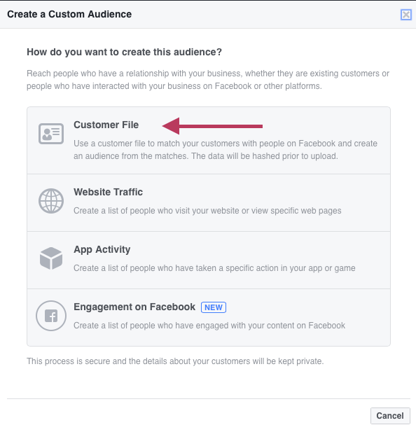 Facebook retargeting creating a Custom Audience Step 2